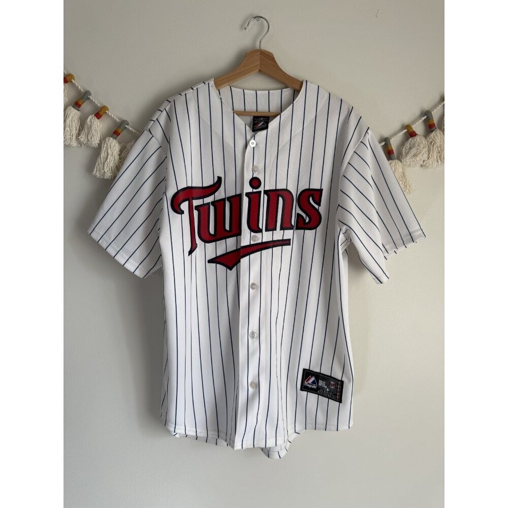 Majestic Minnesota Twins White Pinstripe Baseball Jersey with Red Logo